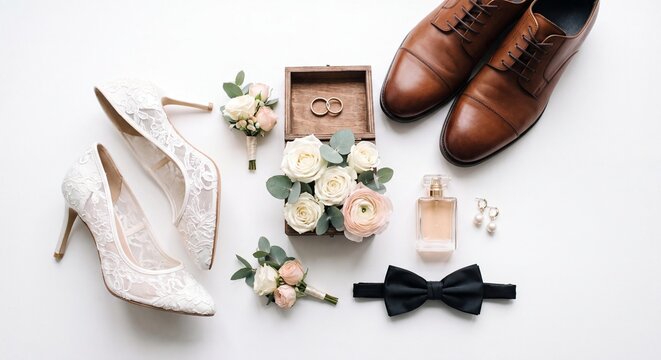A flat lay composition of wedding essentials including bridal lace shoes rings a bouquet bow tie cufflinks perfume and leather shoes