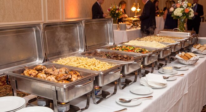 A long line of professional stainless steel chafing dishes filled with hot delicious food at a catered banquet dinner party