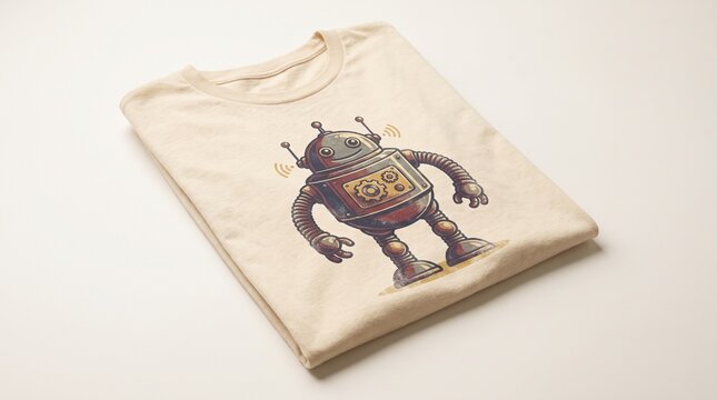 A folded cream t-shirt with a retro robot graphic design on the front is placed on a white surface for photography.
