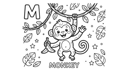 Naklejka premium Coloring page for children featuring a playful monkey. Fun activity for kids' creativity and learning.