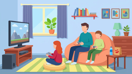 Fototapeta premium Family playing video games in a cozy living room, flat vector illustration