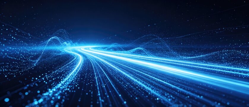 Abstract high speed data stream with glowing blue light trails, particle wave, and digital network flow on dark technology background, idea for technology banner