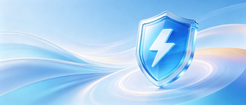 Modern cybersecurity shield with lightning protection symbol on abstract blue technology background with digital wave design, idea for cyber security banner