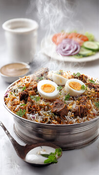Steaming hot beaf mutton biryani with boiled egg raita and salad 