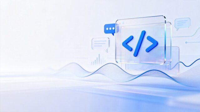 Modern software development interface with transparent coding window, programming symbol, chat communication, and abstract data flow, idea for web development banner