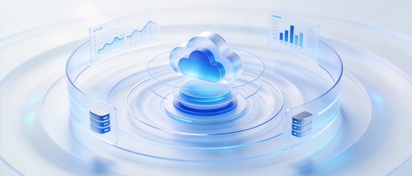 Modern cloud computing platform with database, analytics dashboard, and scalable cloud infrastructure on clean blue technology background, idea for cloud services banner
