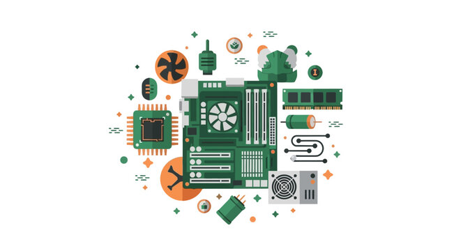 Flat Vector Illustration of Computer Hardware Components, Motherboard, CPU, RAM, and Power Supply Unit