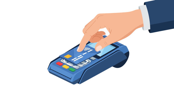 Hand Holding Credit Card for Contactless Payment on POS Terminal, Flat Vector Illustration of NFC Wireless Transaction and Digital Banking Technology