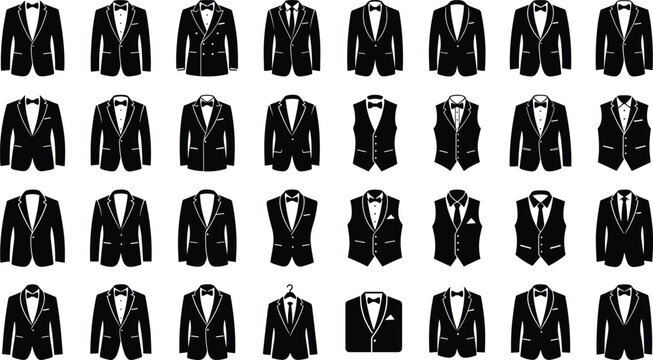 Collection of men formal wear and classic suit icons featuring black silhouettes of tuxedos blazers waistcoats vests dress shirts neckties and bowties isolated on white background