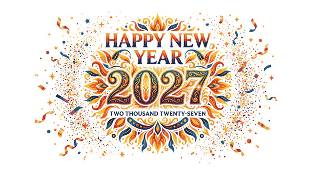 Happy New Year 2027: A vibrant and celebratory illustration welcomes the new year with ornate typography, confetti, and streamers, symbolizing a fresh start and festive occasion.