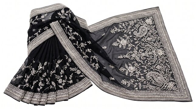 Black Embroidered Saree with Silver Design Product Shot