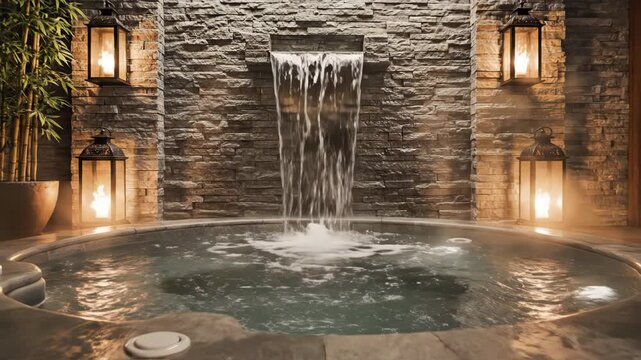 Indoor luxury spa featuring circular hot tub with waterfall feature, stone masonry wall, decorative lanterns, bamboo plant, and wooden deck with stacked white towels on bench.