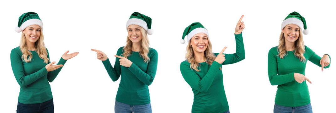 Mulher jovem loira usando gorro de Natal verde e apontando com as m&atilde;os, fundo transparente / Young blonde woman wearing a green Christmas hat and pointing with her hands, transparent background