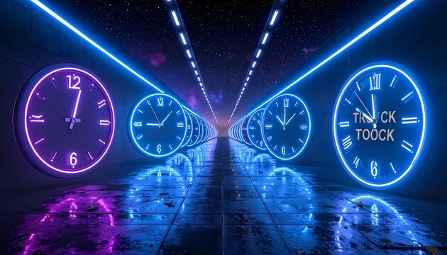 Abstract digital clock face with glowing numbers and hands.