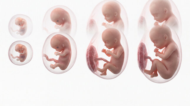 Progressive Human Fetal Growth Stages  From Embryo to Fetus in Amniotic Sac.