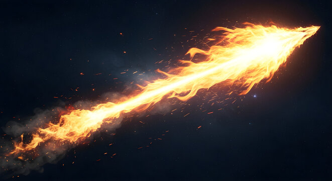 Fiery arrow shooting upwards with bright flames and trailing sparks on dark background