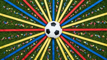 Fototapeta premium Soccer ball with radiating blue yellow red ribbons and confetti