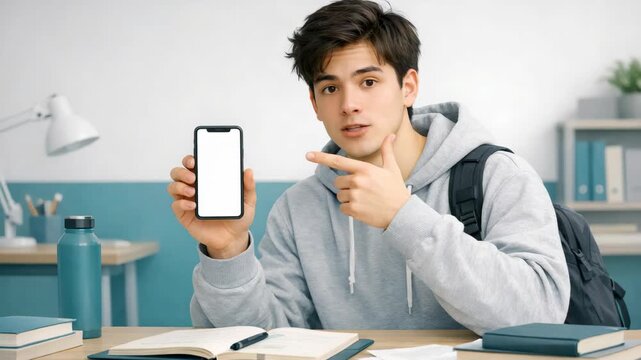 A young male student posing with an empty mobile phone screen, wearing a casual hoodie and surrounded by books on a desk in a classroom setting.