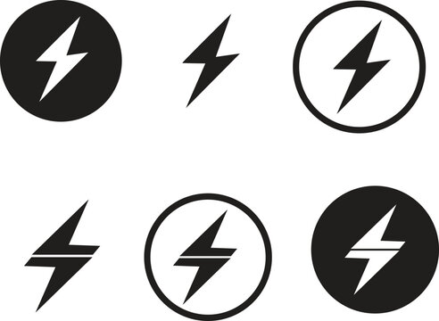 Lightning bolt icon set with black and white energy symbols