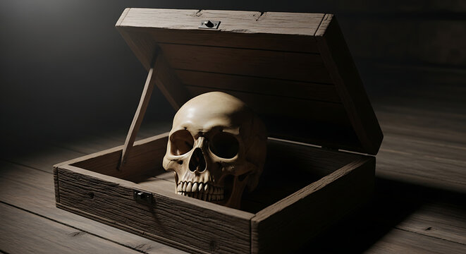 Human skull rests inside an open wooden box a dramatic still life composition skeleton