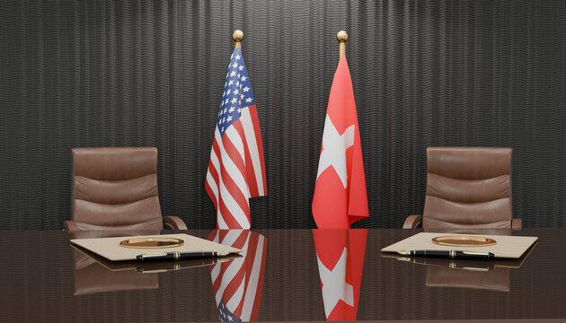 Diplomatic Meeting: Two flags, of the United States and Switzerland, stand beside empty chairs at a polished table, set for an important international discussion or negotiation.