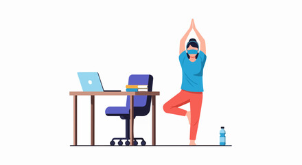 Fototapeta premium Woman in Face Mask Doing Yoga Tree Pose in Office Workspace Illustration