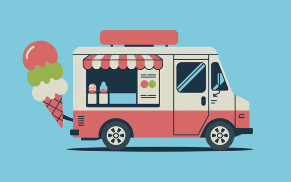 Vector illustration of pastel colored ice cream truck with giant dessert