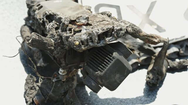 A close-up shot shows a completely burnt and melted quadcopter drone with a severely damaged camera gimbal.
