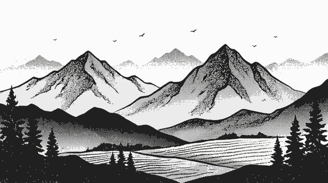 The Grain stippled mountain range. Dotted landscape terrain silhouette. Black white grainy hill chain. Grunge noise mountain peak background. Dot work texture wallpaper. Vector scenery illustration