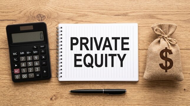 Private equity financial concept on notepad, investment capital and wealth management still life, money bag and calculator on wooden desk
