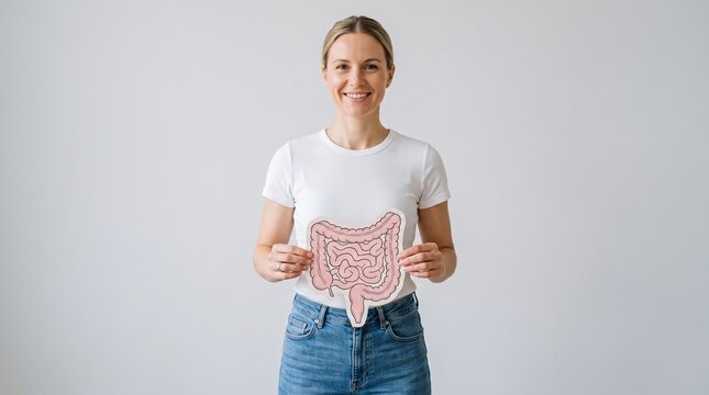 Digestive health concept with smiling woman holding intestine paper cutout, gut microbiome and probiotic awareness, medical healthcare illustration
