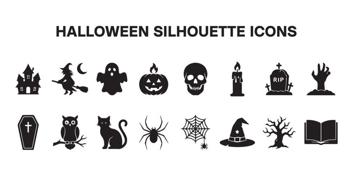 Premium Halloween Solid Black Silhouette Icon Pack Collection.