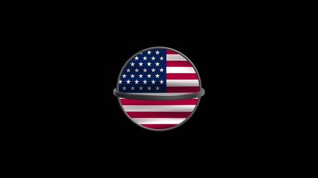 Rotating metallic circular frame around waving national flag of USA on transparent background.