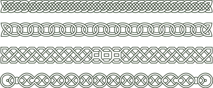 Celtic knot seamless borders set vector illustration of traditional Irish braid patterns medieval ornament elements isolated on white background design.