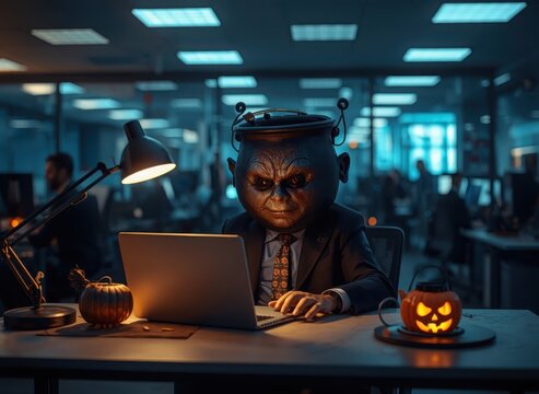 Eerie goblin with cauldron head working on laptop in dimly lit office during Halloween
