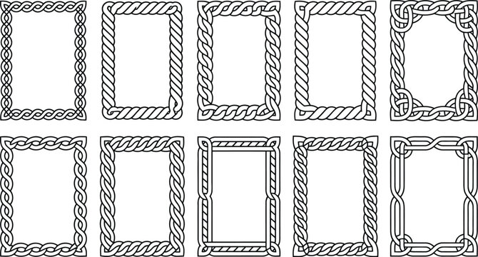 Celtic knot rectangular frames set vector illustration of traditional Irish braid patterns medieval geometric borders isolated on white background.