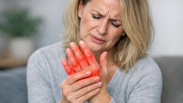 A woman with a concerned expression, looking at the red paint on her hands. She is indoors and wearing casual clothing. The captures an expressive moment of surprise or shock.