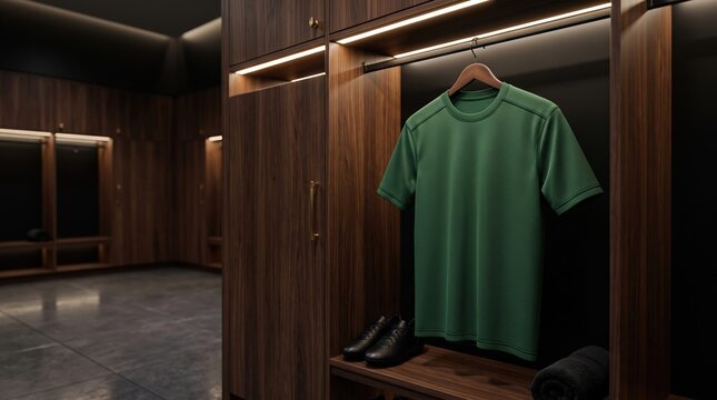 Green t-shirt hanging in luxury wooden locker room wardrobe
