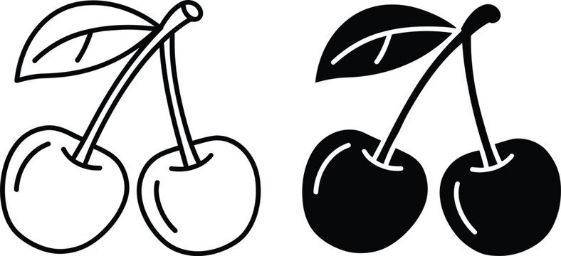 Minimalist vector set of cherry fruit pairs featuring line art outline and solid black silhouette icon options