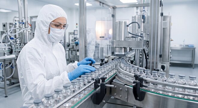A professional technician wearing protective cleanroom coveralls controls a high tech automated conveyor belt packaging medicine bottles in a facility
