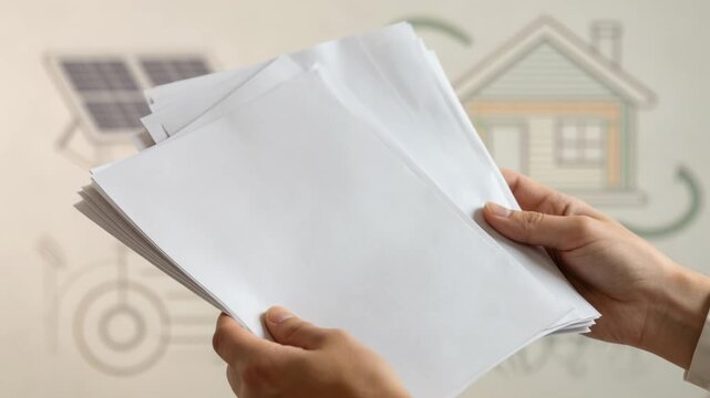 Evaluator assesses lifecycle cost analysis for sustainable construction focused on hands holding documents with energy efficiency diagrams softly faded in the backdrop.