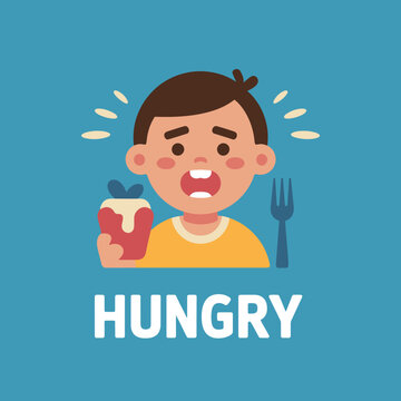 Vector illustration of a hungry boy holding a cup and fork with appetite