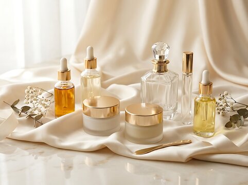 Set of luxury cosmetic bottles and skincare jars on a soft fabric with green leaves in bright light. limited edition beauty bundles