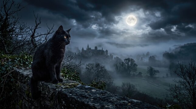 Halloween haunted castle background black cat silhouetted against spooky moonlit landscape
