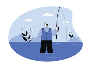A fisherman wearing a vest and cap stands in the water, viewed from behind as he holds up his fishing rod. © Calm Girl