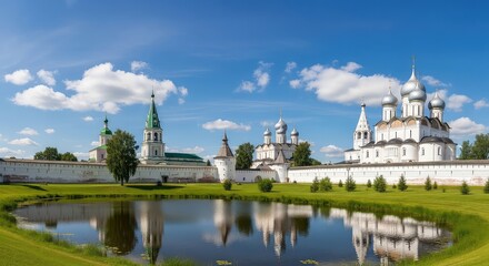 Fototapeta premium Aerial View of Historic White Cathedral and River Under Blue Sky