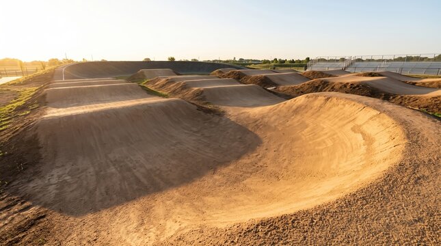 Empty dirt pump track and jump line for cycling sport at sunset