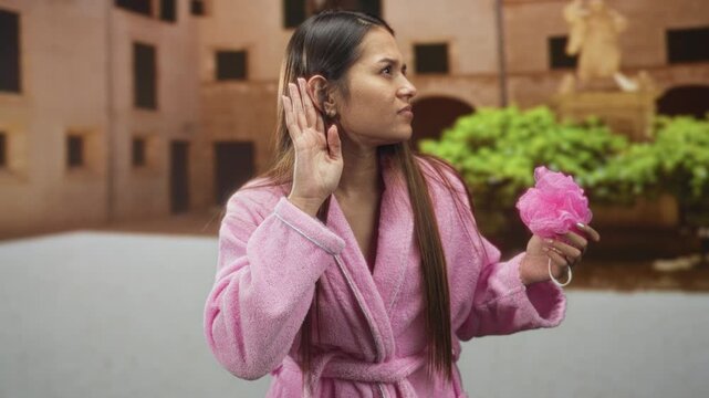 Woman in pink bathrobe holding a pink loofah with hand cupped to ear in building courtyard; self care attentive.