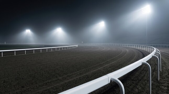 Empty Horse Racing Track Illuminated Under Night Foggy Conditions