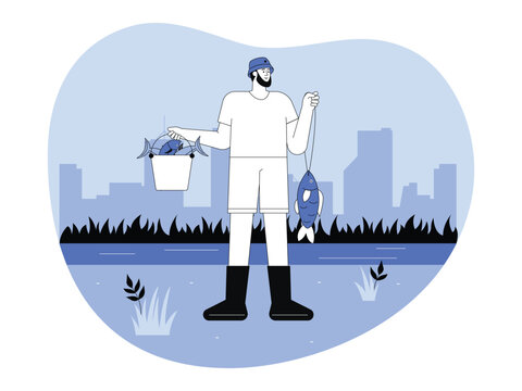 A bearded man stands in boots holding a bucket of fish in one hand and a single fish hanging from a stringer in the other, with a city skyline in the distance.